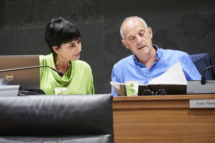 La portavoz de EH Bildu en el Parlamento de Navarra, Laura Aznal, y el parlamentario de EH Bildu Adolfo Araiz, en el debate de investidura de la socialista María Chivite como presidenta de Navarra.