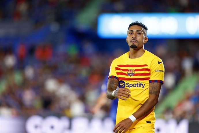 Raphinha Dias Belloli of FC Barcelona laments during the spanish league, La Liga EA Sports, football match played between Getafe CF and FC Barcelona at Coliseum Alfonso Perez stadium on August 13, 2023, in Getafe, Madrid, Spain.