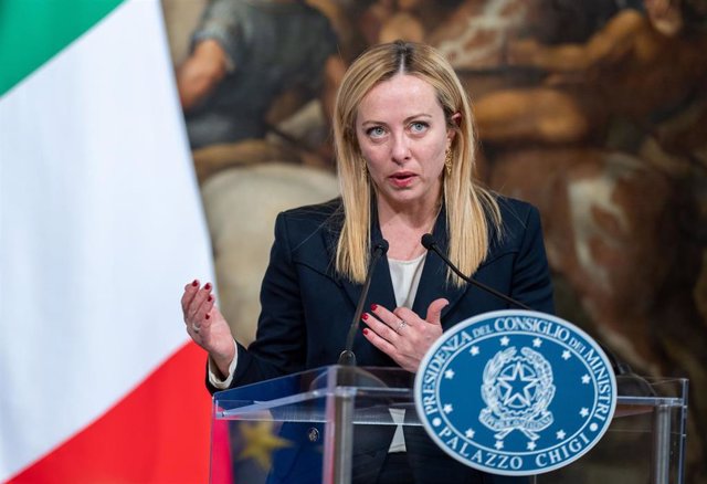 Archivo - 02 May 2023, Italy, Rome: Italian Prime Minister Giorgia Meloni speaks during a press conference with Austrian Chancellor Karl Nehammer (Not Pictured) after their meeting. Photo: Georg Hochmuth/APA/dpa