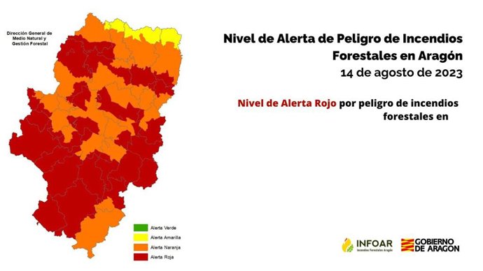 Mapa de la alerta roja por riesgo de incendios forestales del 14 de agosto de 2023.