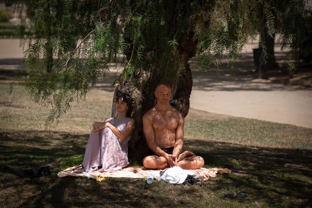 Varias personas se cubren del sol bajo un árbol en el parque de la Ciudadela, a 18 de julio de 2023, en Barcelona, Catalunya (España). Trece comunidades continúan hoy en alerta por temperaturas muy altas, con especial incidencia en Aragón, Catalunya y en 