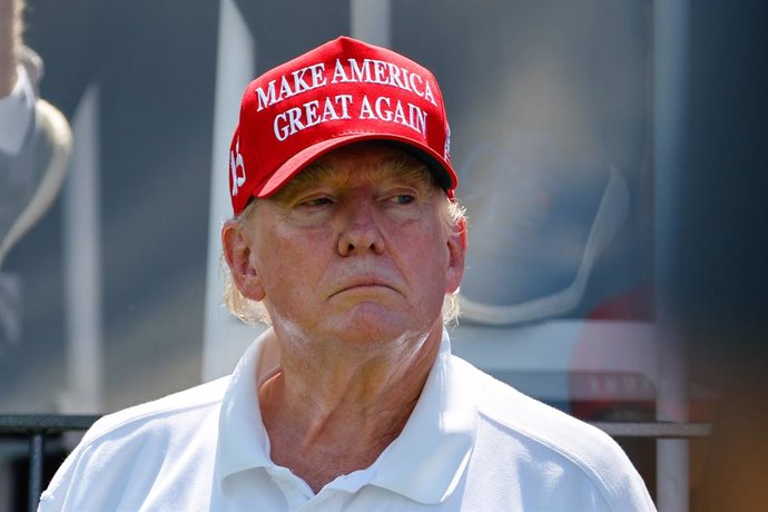 BEDMINSTER, NJ - AUGUST 13:  Former President Donald J. Trump at the first tee during the final round of LIV Golf Bedminster on August 13, 2023 at Trump National Golf Club in Bedminster, New Jersey.