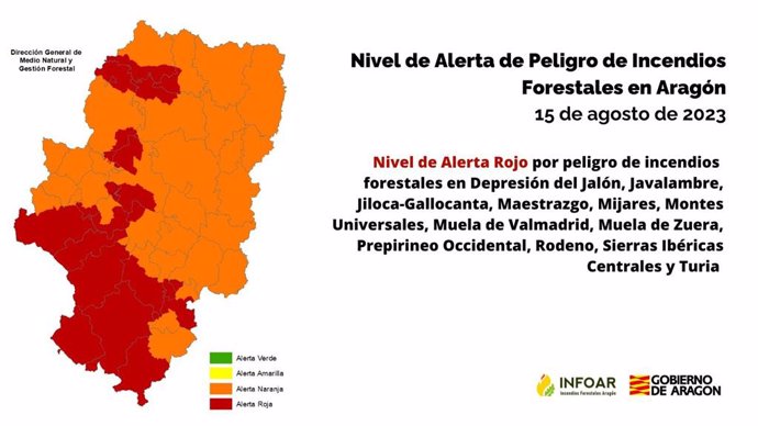 Nivel de Alerta Rojo por peligro de incendios forestales en el Prepirineo Occidental y zonas de Teruel y Zaragoza.