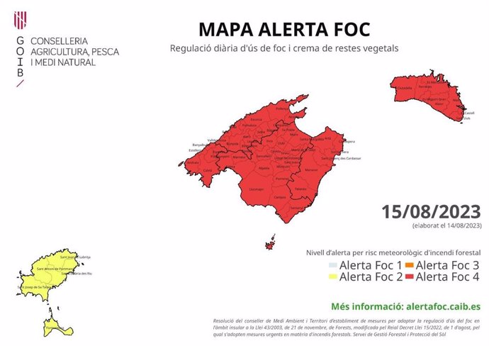 Mapa de alerta de fuego en Baleares.