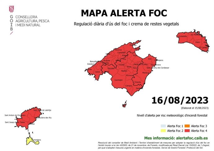 Mapa de alerta de fuego en Baleares para el 16 de agosto de 2023.