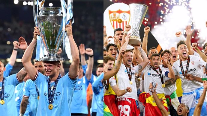 Erling Haaland sostiene el trofeo de campeón de la Liga de Campeones 2022-2023 con el Manchester City; y el Sevilla festeja el título de la Liga Europa 2022-2023.
