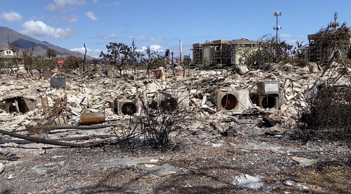 LAHAINA (U.S.), Aug. 15, 2023  -- The photo taken with a mobile phone on Aug. 14, 2023 shows the aftermath of wildfires in Lahaina town, Maui Island, Hawaii, the United States. The death toll from the Maui wildfires reached 99, authorities said Monday. 