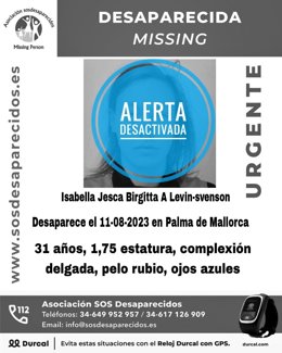 Cartel con la alerta desactivada de la desaparición de la mujer de 31 años en Palma.