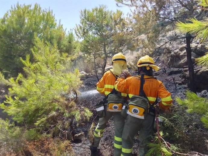 Dos efectivos del Plan Infomur trabajan en la extinción de un conato de incendio  en Cala Leño, en Mazarrón (Murcia)