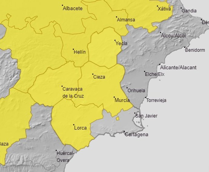 Meteorología emite aviso amarillo por altas temperaturas este viernes en la mayor parte de la Región de Murcia