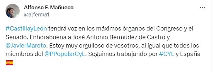 Tuit de Alfonso Fernández Mañueco sobre los parlamentarios castellano y leoneses propuestos por Feijóo para las mesas de Congreso y Senado.