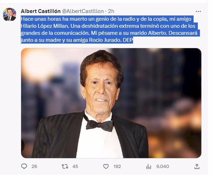 Tuit de Albert Castillón confirmando el fallecimiento de Hilario López Millán.