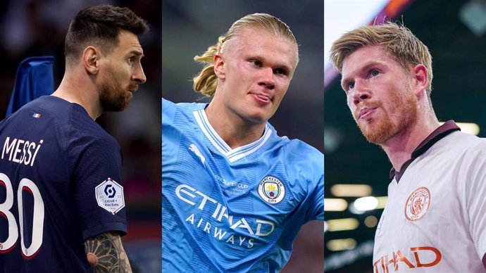 El argentino Leo Messi, el noruego Erling Haaland y el belga Kevin de Bruyne.