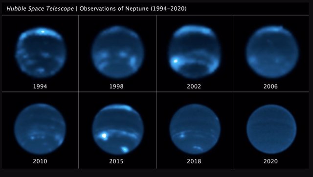 Esta secuencia de imágenes del telescopio espacial Hubble narra el aumento y disminución de la cantidad de cobertura de nubes en Neptuno.
