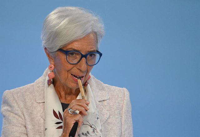 FILED - 27 July 2023, Hesse, Frankfurt: Christine Lagarde, President of the European Central Bank (ECB), speaks during the ECB press conference. Photo: Arne Dedert/dpa