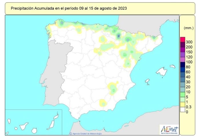 Precipitación acumulada en el periodo entre el 9 al 15 de agosto de 2023.