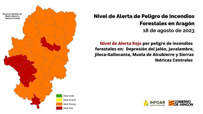 Nivel de Alerta Rojo por peligro de incendios forestales en diferentes zonas de Aragón.