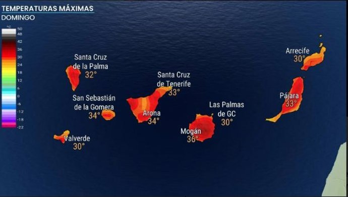 Previsión de temperaturas máximas para el próximo domingo en Canarias.