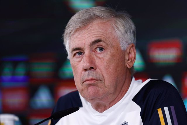 Carlo Ancelotti attends his press conference after the training day of Real Madrid celebrated at Ciudad Deportiva Real Madrid on August 18, 2023, in Valdebebas, Madrid, Spain.