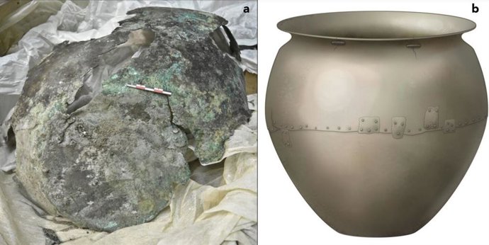 (A) Fotografía Del Caldero Y Lo Que Queda Hoy. (B) Reconstrucción Artística Del Caldero Como Se Habría Visto Cuando Estaba En Uso.