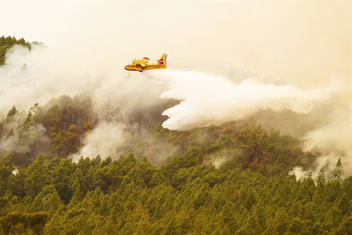Un hidroavión lanza agua sobre el incendio forestal en las inmediaciones del municipio de El Rosario, a 17 de agosto de 2023, en Tenerife, Santa Cruz de Tenerife,  Canarias (España). El incendio forestal declarado en la zona de monte en Arafo se encuentra