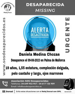 Cartel con la alerta desactivada de la desaparición de la joven de 19 años en Palma