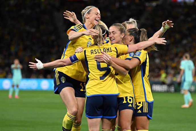 Kosovare Asllani of Sweden celebrates her goal with her team mates during the FIFA Women's World Cup 2023 Third Place Playoff match between Australia and Sweden at Brisbane Stadium in Brisbane, Saturday, August 19, 2023.