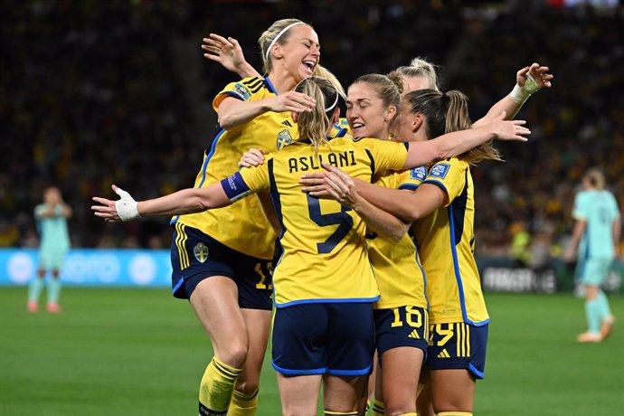 Kosovare Asllani of Sweden celebrates her goal with her team mates during the FIFA Women's World Cup 2023 Third Place Playoff match between Australia and Sweden at Brisbane Stadium in Brisbane, Saturday, August 19, 2023. (AAP Image/Darren England) NO AR