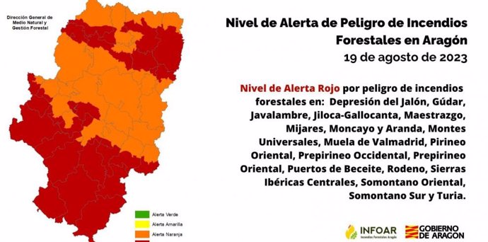 Mapa de alerta de incencios en Aragón