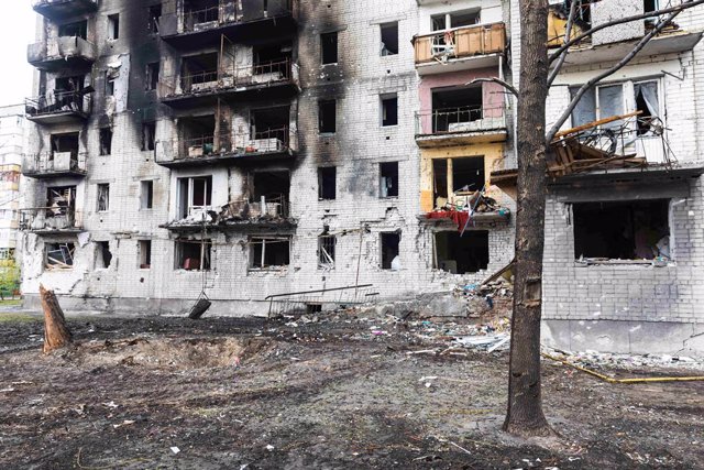 April 17, 2022, Chernihiv, Ukraine: Funnels and traces of exploding shells and rockets on the streets of Chernihiv. Russia invaded Ukraine on 24 February 2022, triggering the largest military attack in Europe since World War II.