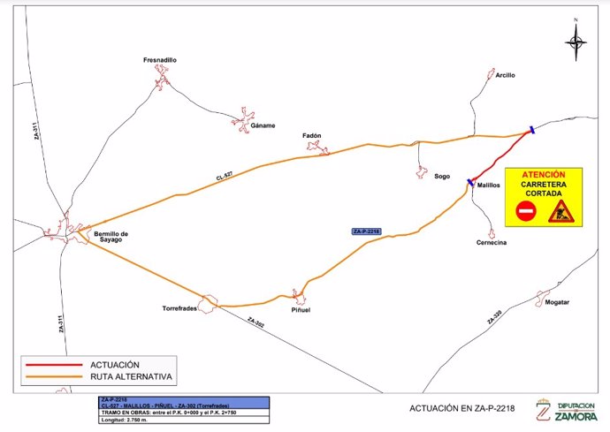 La Diputación de Zamora cortará al tráfico desde este lunes la carretera ZA-P-2218 desde la CL-527 a Malillos