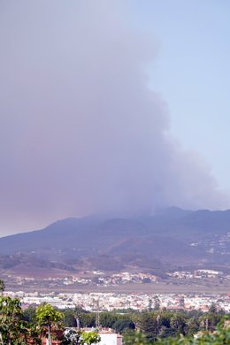 Columna de humo provocado por un incendio forestal vista desde San Cristóbal de La Laguna, a 16 de agosto de 2023, en Tenerife, Canarias (España). Anoche se declaró un incendio forestal en Tenerife entre las localidades de Candelaria y Arafo. Lo que ha 