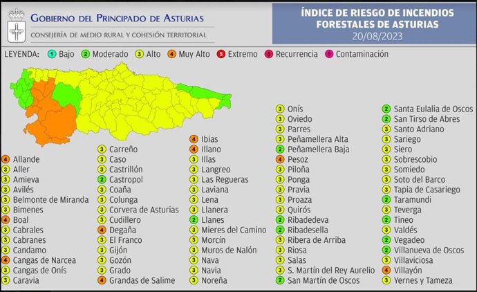 Mapa de riesgo de incendios forestales.