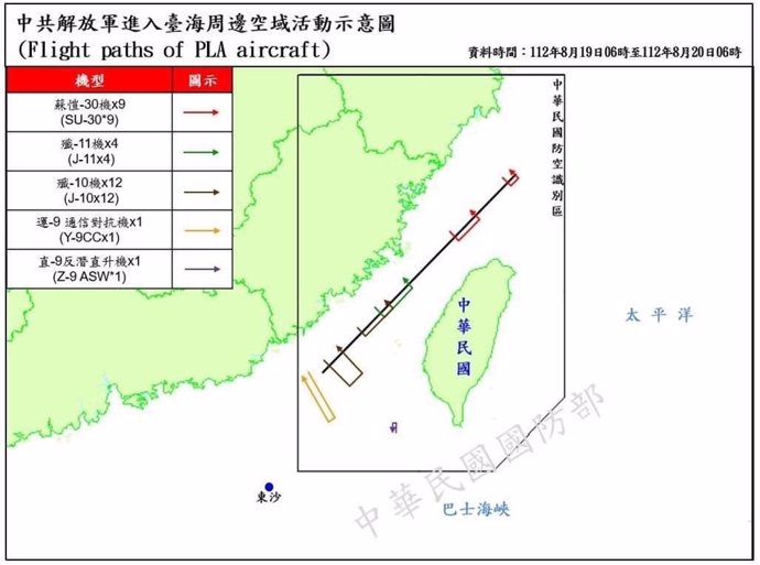 Mapa de la trayectoria del vuelo de los cazas del Ejército de la República Popular de China monitorizados por el Ministerio de Defensa de Taiwán