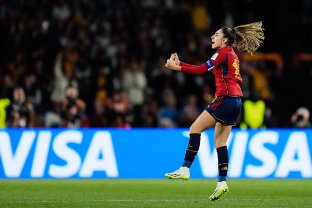 Olga Carmona of Spain celebrates a goal during the FIFA Women's World Cup Australia & New Zealand 2023 Final football match between Spain and England at Accor Stadium on August 20, 2023 in Sydney, Australia.