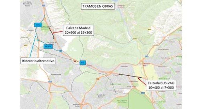 Afectaciones al tráfico en la A-6 por obras de rehabilitación de firme en Las Rozas y Aravaca, en Madrid