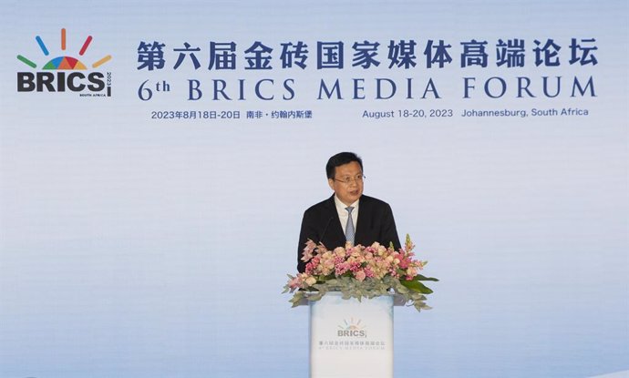 President of Xinhua News Agency Fu Hua, also executive chairman of the BRICS Media Forum, speaks at the opening ceremony of the Sixth BRICS Media Forum in Johannesburg,South Africa, Aug.19, 2023.