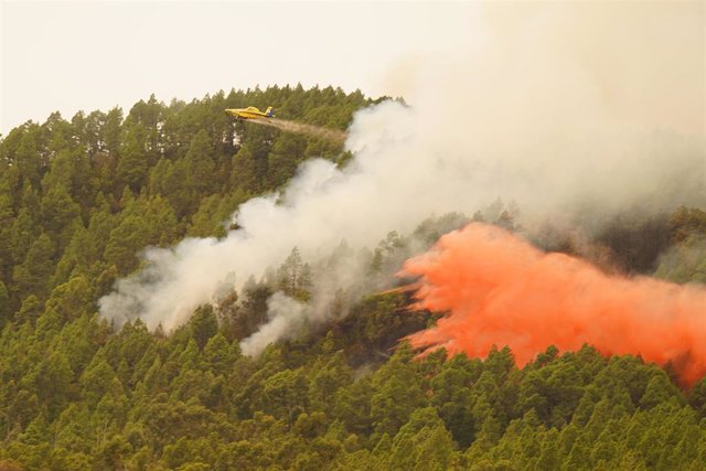 A seaplane drops water on the forest fire in the vicinity of the municipality of El Rosario, on August 17, 2023, in Tenerife, Santa Cruz de Tenerife, Canary Islands (Spain).  The forest fire declared in the mountain area in Arafo is located