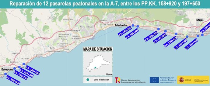 El Gobireno formaliza por 1,8 millones de euros la reparación de 12 pasarelas peatonales en la A-7 en Estepona, Marbella y Mijas