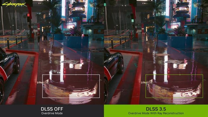 DLSS 3.5 desactivado (izq.) y activado (derch.) en Cyberpunk 2077