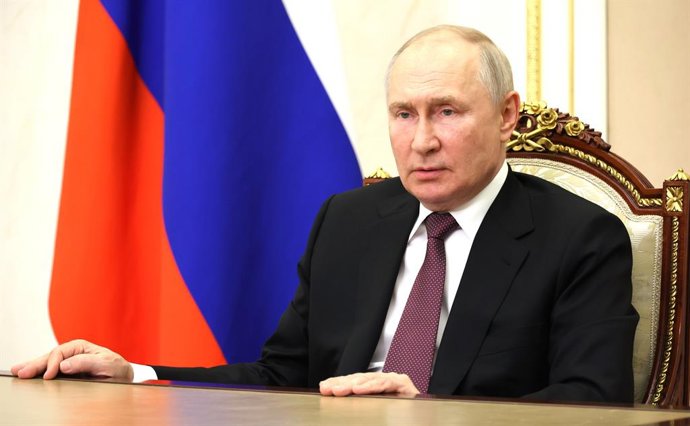 HANDOUT - 15 August 2023, Russia, Moscow: Russian President Vladimir Putin makes a video address to the participants and guests of the 11th Moscow Conference on International Security. Photo: -/Kremlin/dpa - ATTENTION: editorial use only and only if the