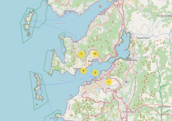 Mapa de la aplicación 'Mosquito Alert' con la aparición de ejemplares de mosquito tigre en Moaña (Pontevedra) y Vigo.