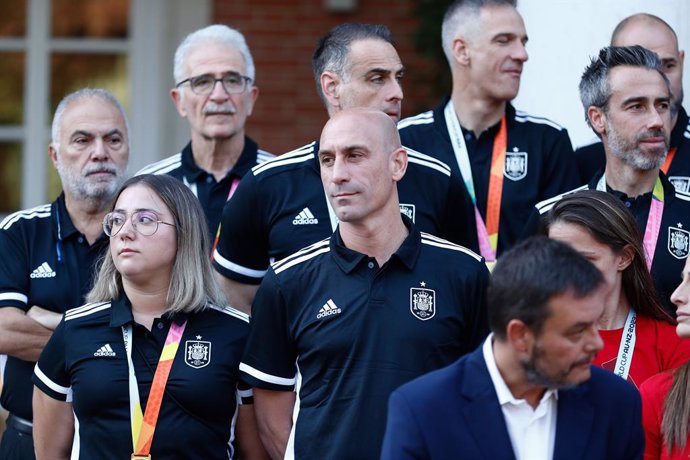 Luis Rubiales is seen during the reception of Pedro Sanchez, First Minister of Spain, to the players and staff of Spain Women Team as World Champions after winning the FIFA Women's World Cup Australia & New Zealand 2023 at Palacio de la Moncloa on augus