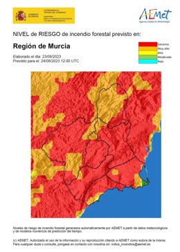 El nivel de riesgo de incendio forestal es extremo en la mayor parte de la Región de Murcia este jueves