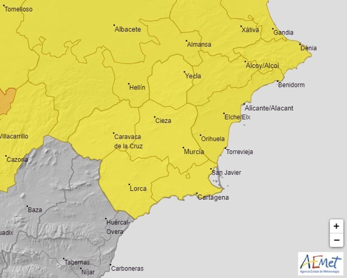 El mapa de la Región de Murcia se tiñe este jueves de amarillo por altas temperaturas