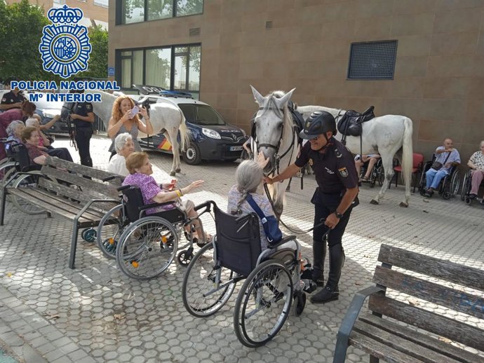 Policía Nacional realiza una exhibición de caballos y perros en la residencia de mayores Fundomar (Sevilla).
