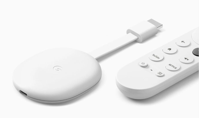 Chromecast con Google TV y mando en color blanco