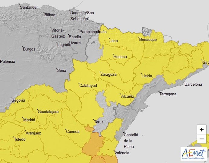 Mapa de las zonas incluidas en el aviso amarillo por altas temperaturas para el 25 de agosto de 2023.