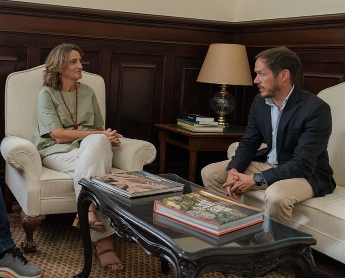 La ministra de Transición Ecológica y Reto Demográfico, Teresa Ribera, y el consejero de Transición Ecológica y Energía del Gobierno de Canarias, Mariano Hernández Zapata, en una reunión en la Subdelegación del Gobierno