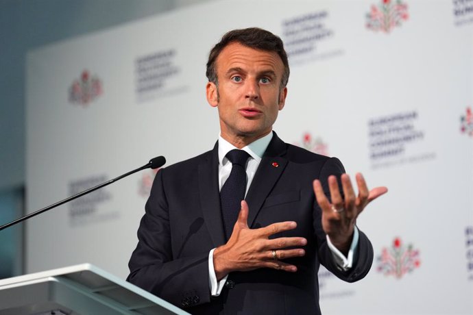 Archivo - 01 June 2023, Moldova, Bulboaca: French President Emmanuel Macron gives a press conference after the European Political Community (EPC) summit in Moldova. Photo: Carl Court/PA Wire/dpa